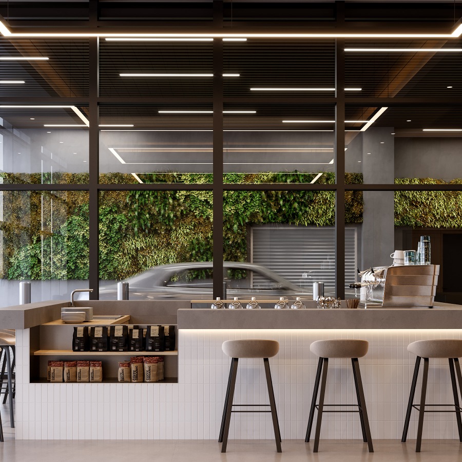 Access to resident-only features a clubroom kitchen with a bar, stools and a car driving by