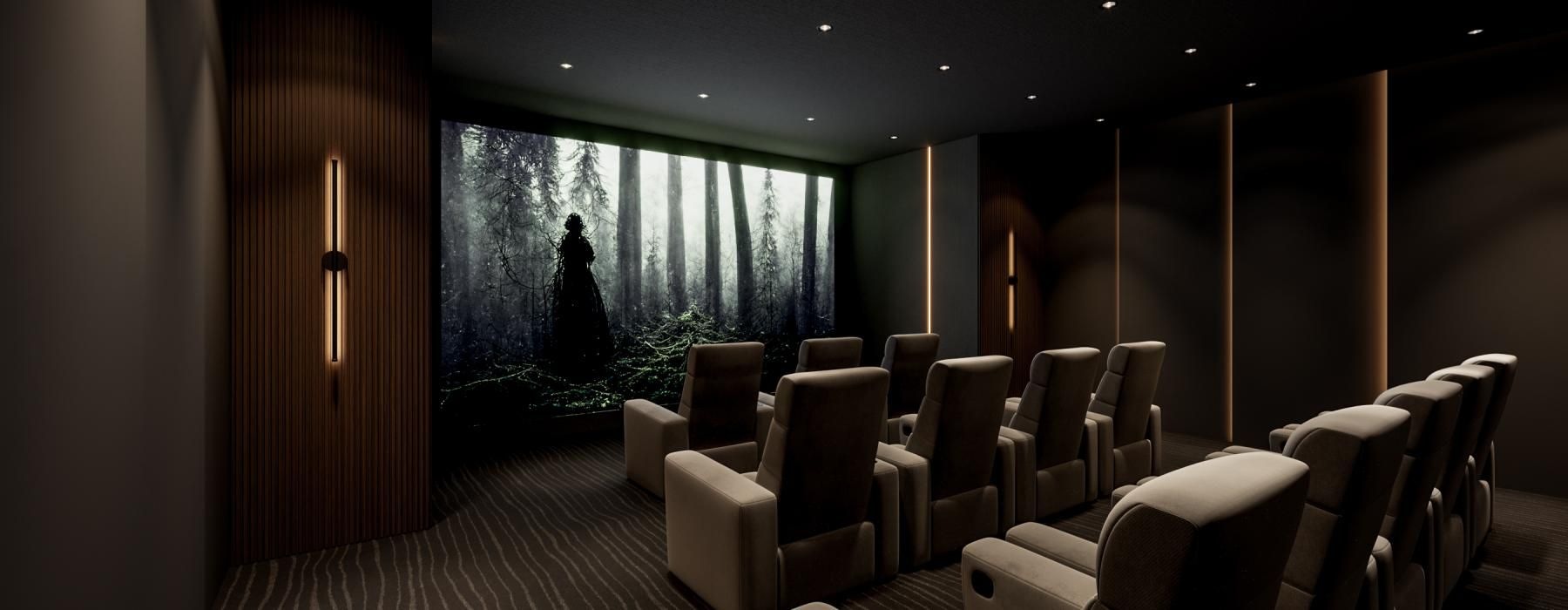 Access to resident-only features a movie theater with luxury chairs and a large screen