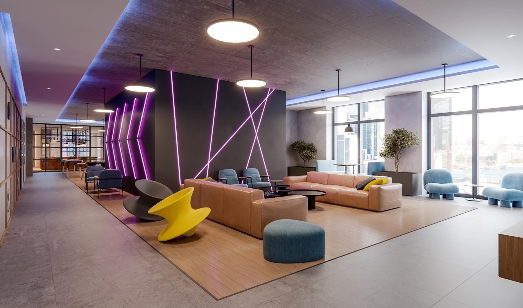 Quick access to state-of-the-art amenities a lounge area with couches, tables and chairs