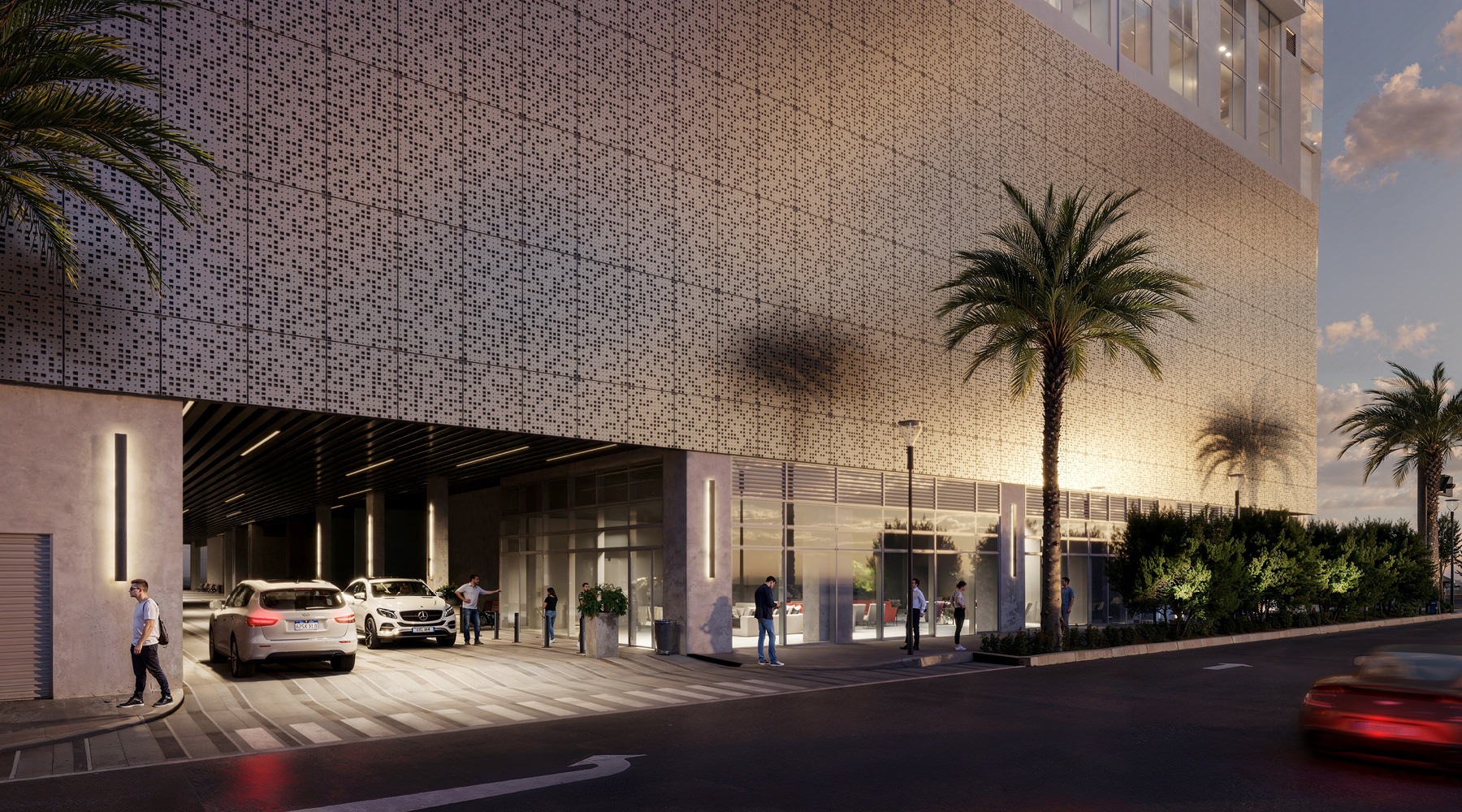 The exterior of a building with palm trees