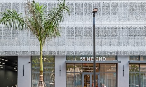 Street-level entrance of CMPND Miami at 55 NE 2nd Avenue with a perforated metal facade, palm tree, and glass lobby doors in downtown Miami