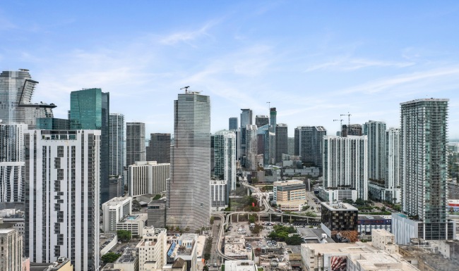 Aerial view of the downtown Miami and Brickell skyline from a CMPND Miami apartment