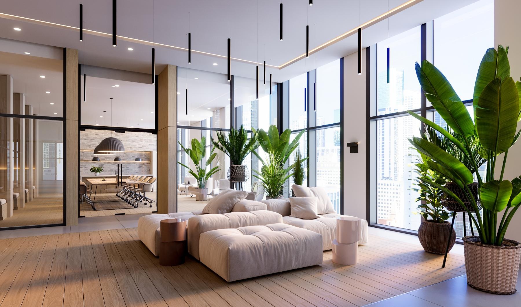 Cutting-edge amenities at your fingertips a lounge area with couches and plants